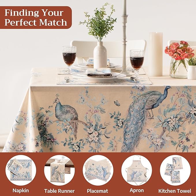 Maison d' Hermine Premium Table Cloth Rectangle Table 100% Combed Cotton 120 x 70 Inches Tablecloth Reusable Decorative for Dining Room, Home, Party, Festive & Wedding - Peacock Utopia - Sandy Beach