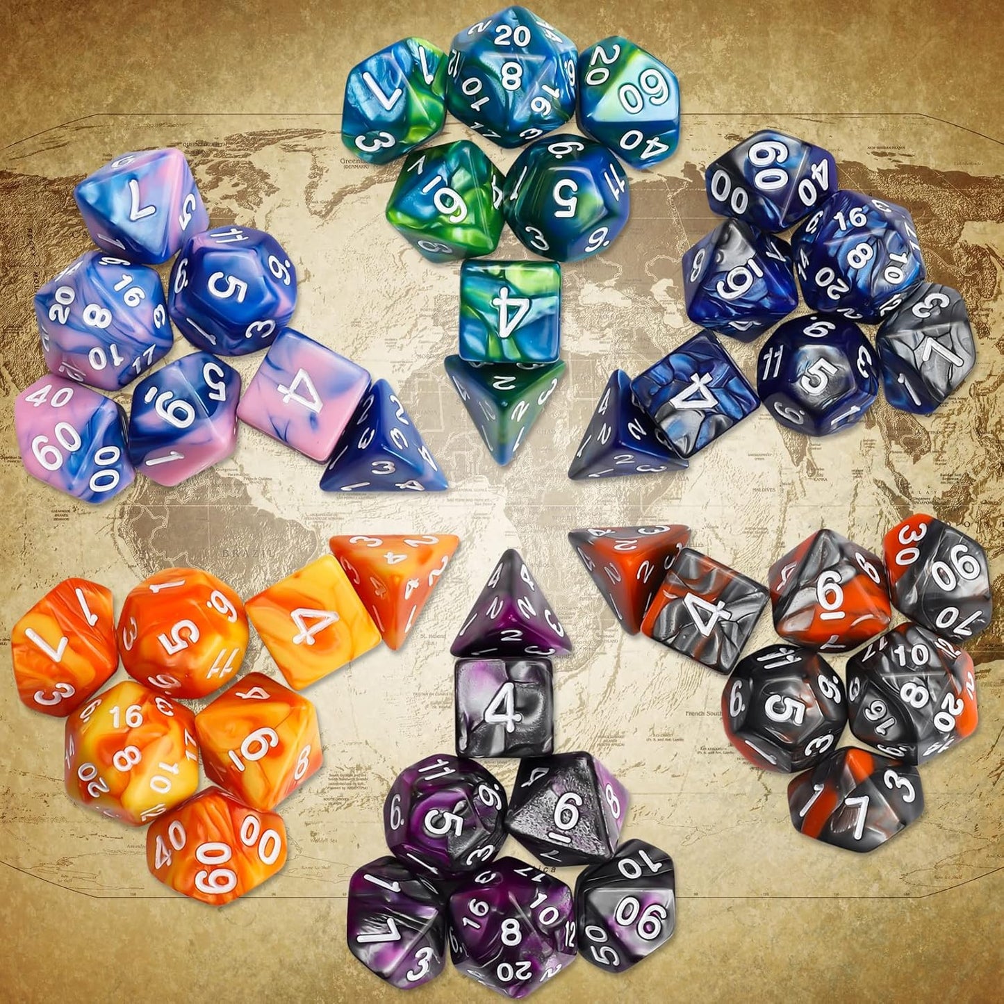 CiaraQ DND Polyhedral Dice Set (42pcs) with 6 Gold Pattern Drawstring Pouches for Dungeons and Dragons RPG MTG Table Games. 6 X 7 Double-Colors Dice Sets (D4 D6 D8 D10 D% D12 D20)