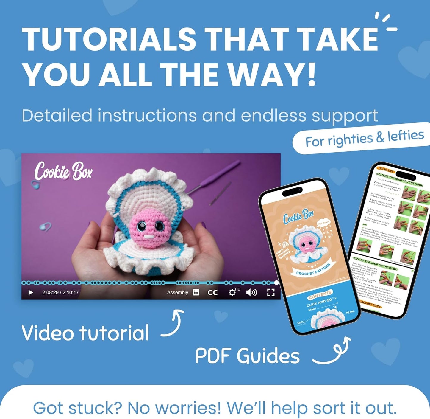 Cookie Box Crochet Kit for Beginners – Gift Set to Make Oyster Pear Amigurumi Plushie – Easy DIY Crochet & Knitting Starter Kit with Video and PDF Tutorials