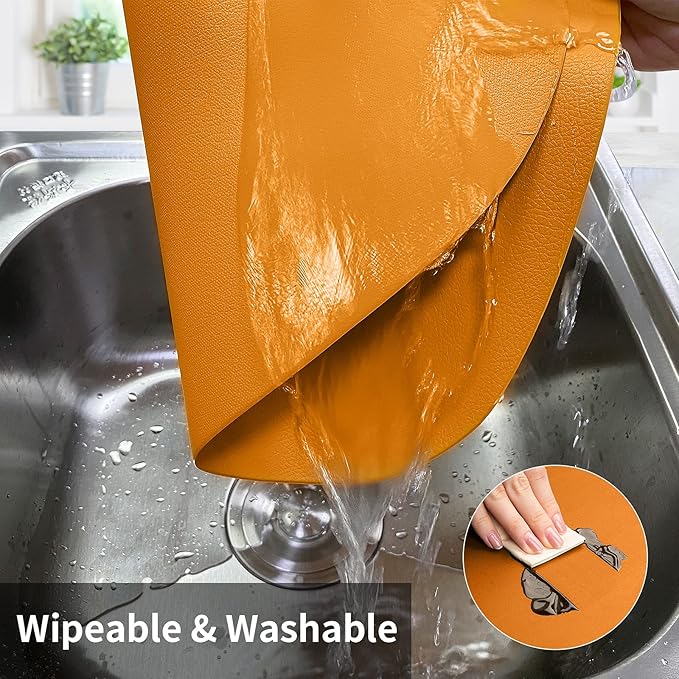 Herda Faux Leather Fall Placemats Set of 6 Wipeable Washable Place Mats for Round Table Non-Slip Table Mats for Kitchen Dining Patio Heat Resist Easy to Clean Orange Placemats