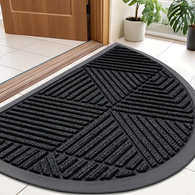 Smiry Half Circle Front Door Mat Outside Entrance, Heavy Duty Sturdy Natural Rubber Doormat, Trap Dirt and Moisture, Low Profile Mats for Indoor Outdoor Entry, Irregular Triangle (36x24, Black)