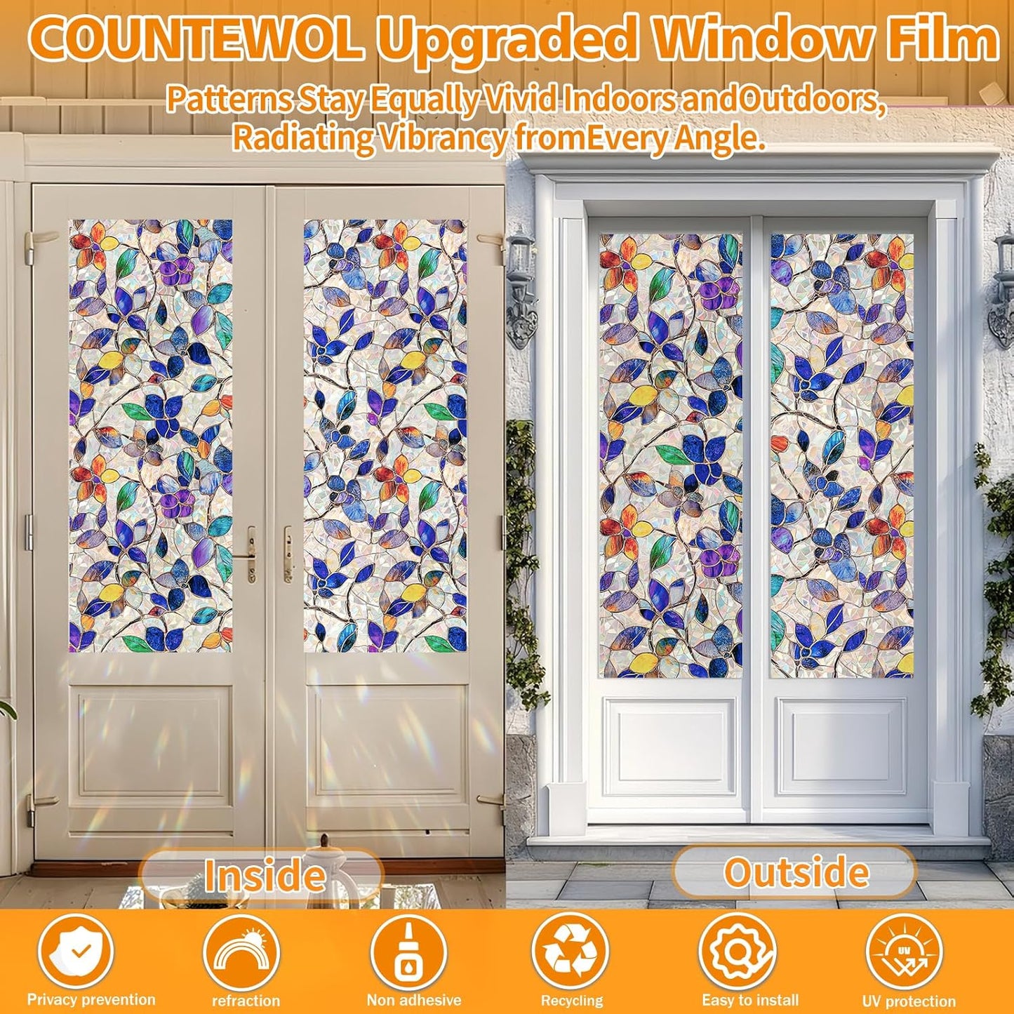 Window Privacy Film Stain Glass Window Film Rainbow Window Film Window clings Non-Adhesive Reusable Decorative for Room (Stained Leaf, 17.5 x 78.7 in)