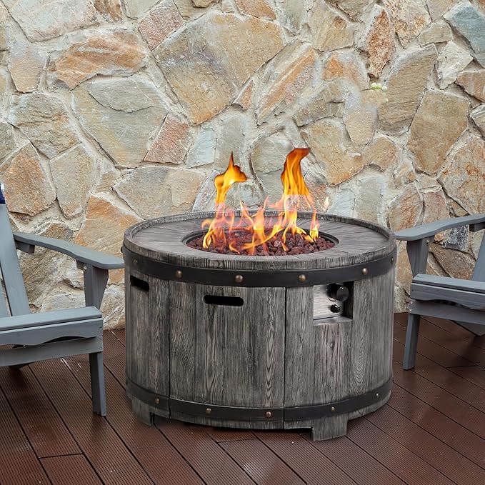 Afterglow Outdoor 36" Round TerraFdab Propane Fire Pit Table for Outside Patio Backyard Garden, Firepit Table with Weather Cover and Lava Rocks(Gas Tank not Included)，50000 BTU, Wood Look(Grey)