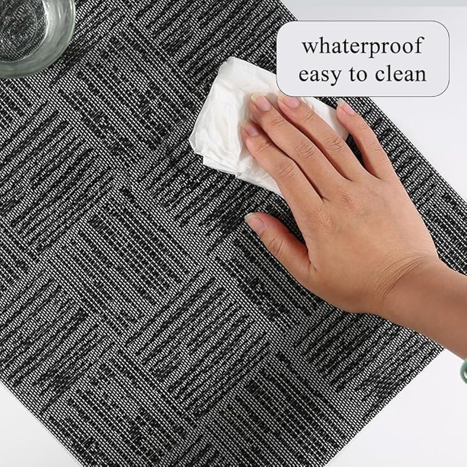 Black Placemats Set of 8, Plastic Vinyl 18" x 12" Place Mats for Dinner Table, No-Slip Wipeable Table Mats Daily Use Patio Kitchen Decoration