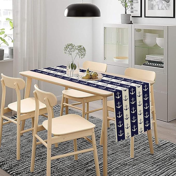 Nautical Anchor Table Runner, Ocean Beach Coastal Beach Stripe Background Theme Table Runner for Dining Kitchen Party Holidays Home 13x120in