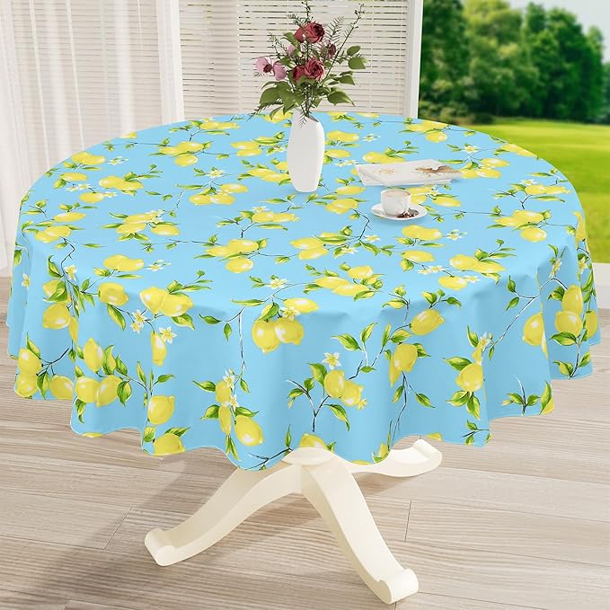 misaya Round Waterproof Vinyl Table Cloth, Wipeable Tablecloth with Flannel Backing, Plastic Table Cover for Dinner, Picnic, Indoor and Outdoor (Lemon, 60")