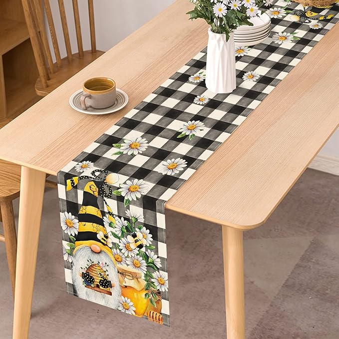 Seliem Spring Bee Gnome Table Runner, Honey Black White Buffalo Plaid Check Home Kitchen Dining Decor, Summer Seasonal Farmhouse Daisy Decorations Indoor Outdoor Anniversary Party Supply 13 x 60 Inch