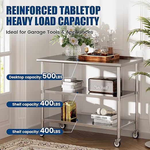 Stainless Steel Work Table with Wheels, 24x60 Inch NSF Food Prep Table with Backsplash & 2 Adjustable Undershelves for Commercial Kitchen, Restaurant, Garage