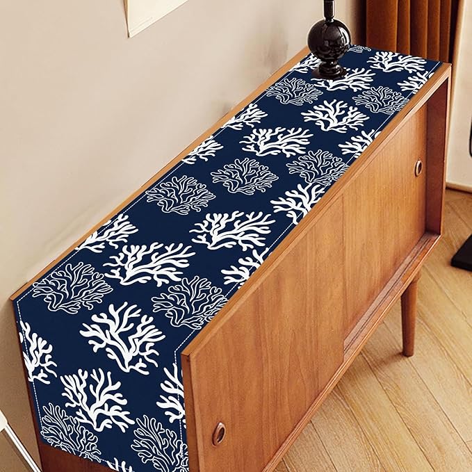 Coastal Table Runner, Summer Seasonal Beach Navy Blue Coral Nautical Tropical Ocean Marine Farmhouse Rustic Table Center Decor for Home Kitchen Dining Patio Indoor Outdoor Decorations, 13"x72" Inch