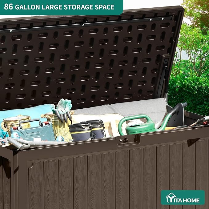 YITAHOME 90 Gallon Double-Wall Deck Box with Side Handles, Outdoor Large Storage for Patio Furniture Cushions, Garden Pool Accessories, Water Resistant & Lockable