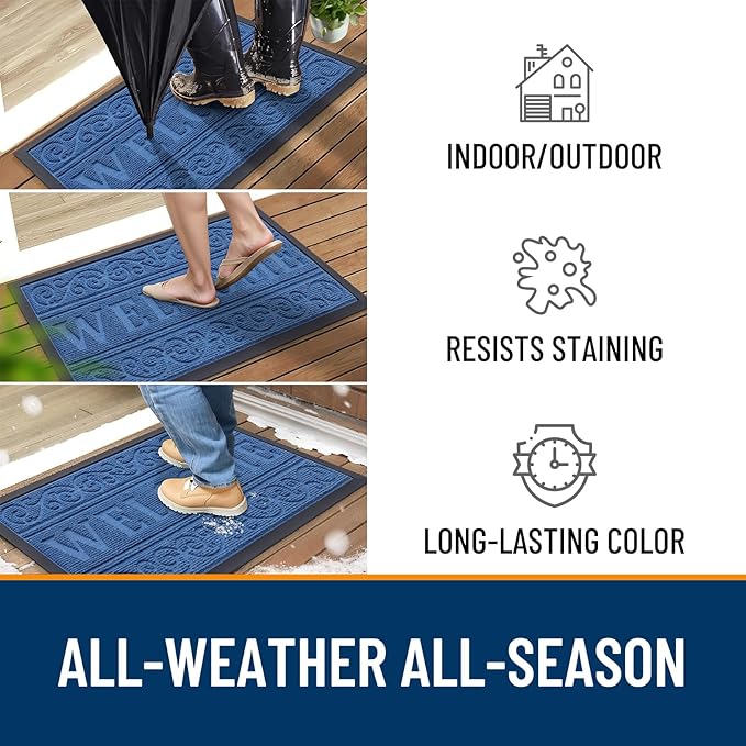 OLANLY Welcome Door Mat Indoor Outdoor Entrance, Heavy Duty Sturdy Front Door Mat, Waterproof All-Weather Doormat, Stain Resistant, Low Profile, Easy Clean Patio Entryway Mat, 29.5 x 17, Blue