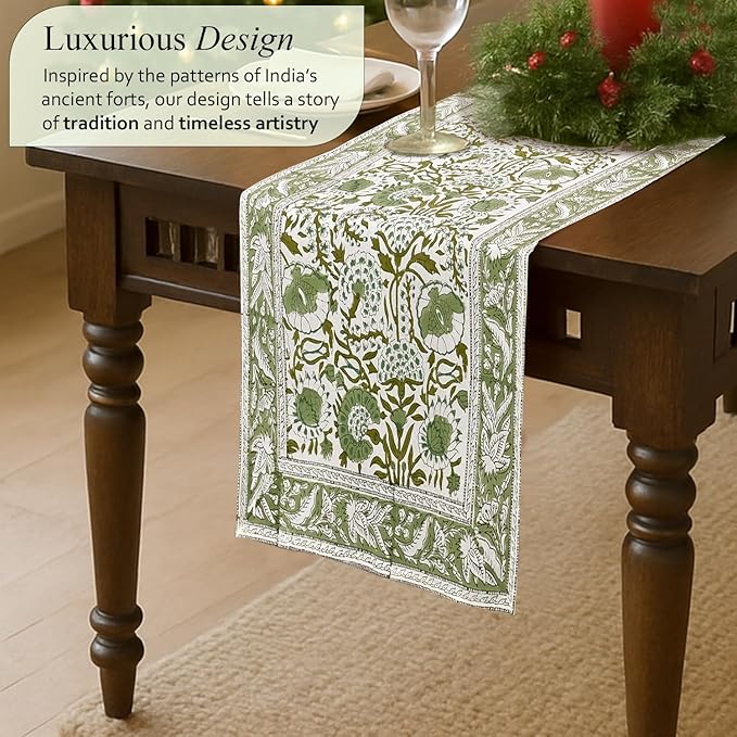 CPC Cotton Table Runner 16x106 inch Block Printed Long Fall Table Runner for Dining Table, Card Table, Coffee Table, Wedding, Farmhouse & Outdoor Barbeque-Agate Green