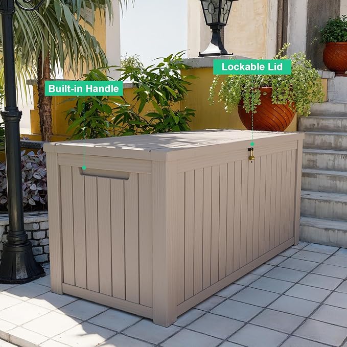 175 Gallon Large Deck Box,Resin Outdoor Storage Box with Lockable for Patio Furniture, Garden Tools Waterproof Outside Storage Box, Grey