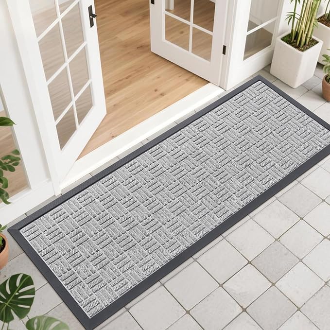 OLANLY Front Door Mat Outside Entrance 47x17, Absorbent, Heavy Duty Sturdy Natural Rubber Doormat Indoor Outdoor, Non-Slip, Stain and Fade Resistant, Low Profile Floor Mat for Entryway, Light Gray