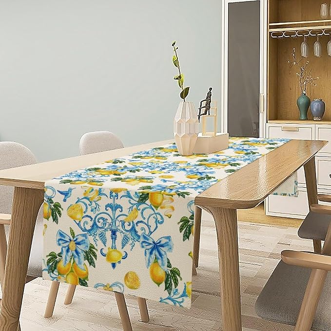 Lemon Table Runner, Summer Hummingbirds Flower Bows Print Table Runner for Farmhouse Coffee Home Kitchen Dining Outdoor Party 13x90in