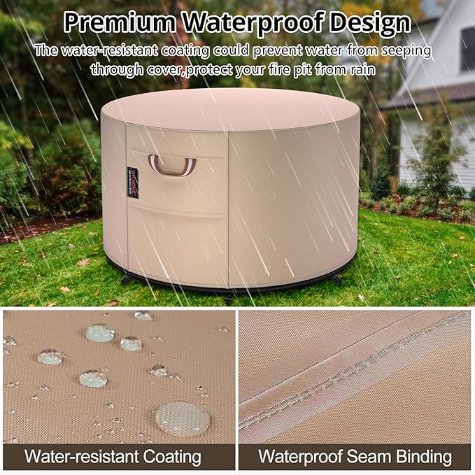 QH.HOME Fire Pit Cover Round-36" D X 24" H Inch Heavy Duty 900D Strong Tear-Resistant and UV Resistant and Waterproof and Fading Resistant Polyester Firepit Covers Round for Outdoor Fire Pit-Wheat