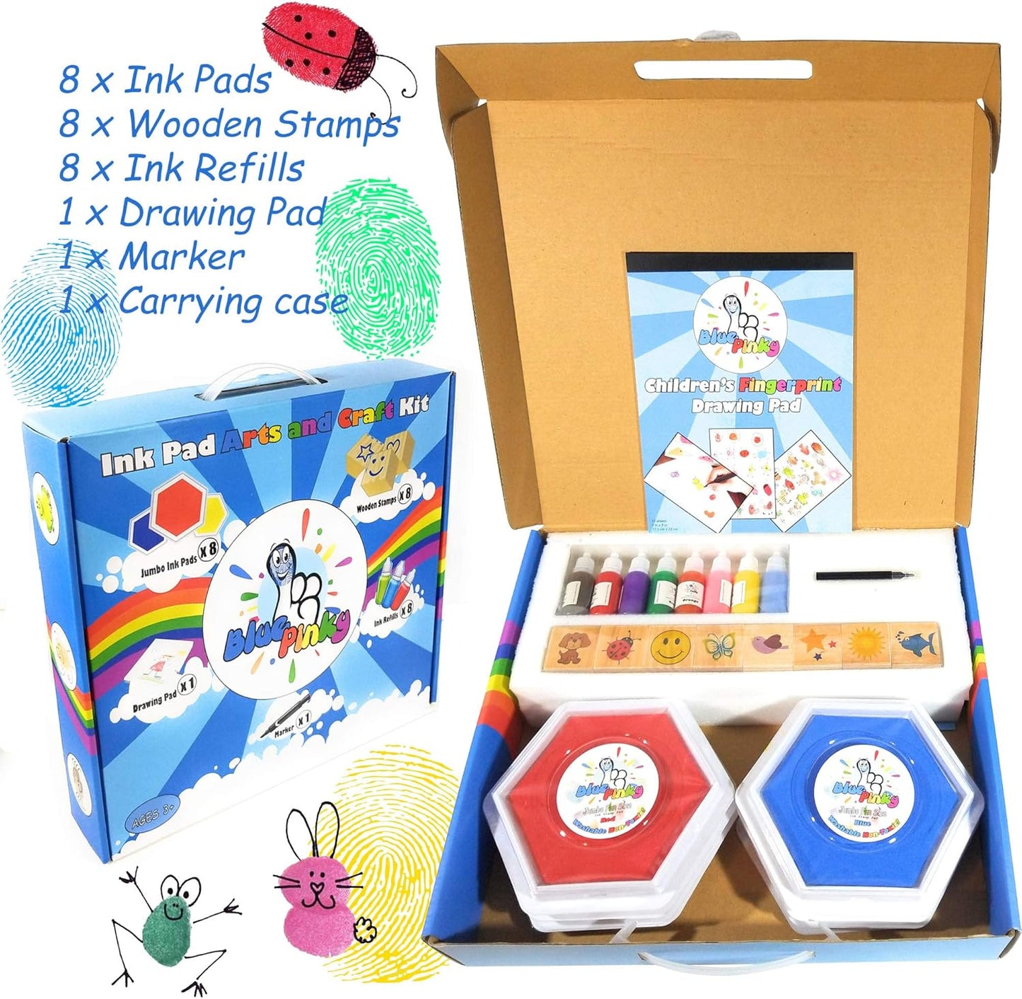 Washable Stamp Pads for Kids Arts and Crafts Jumbo Non-Toxic Ink with Wooden Stamps, Drawing Pad, Marker and Ink Refills
