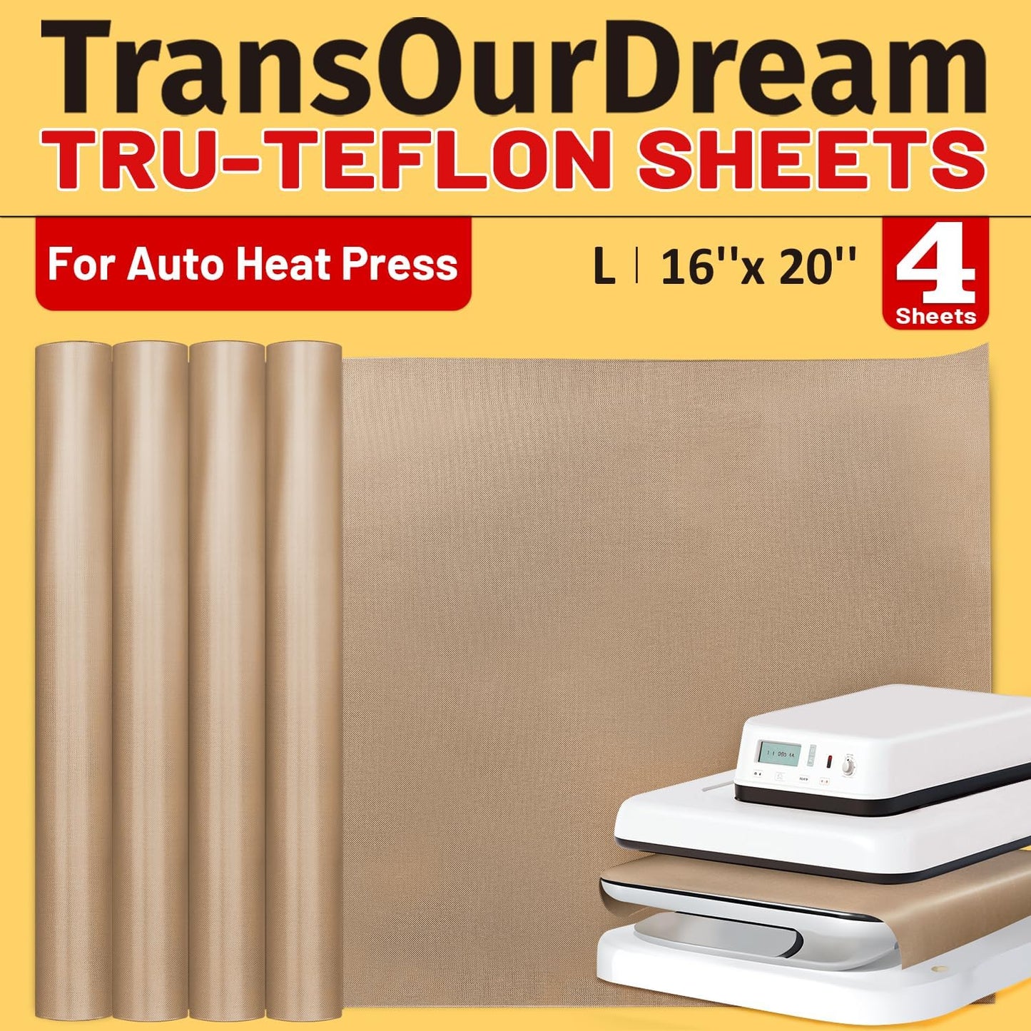 TransOurDream 4 Pack PTFE Teflon Sheets Size L16 x 20" for Auto Heat Press Heat Transfer Paper and Sublimation Paper Reusable Heat Resistant Non stick