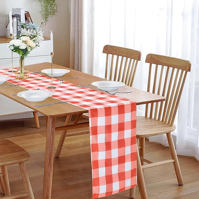 Fabric Checkered Table Runner 12 Pack Waterproof Gingham Table Runner 14W x 108L Buffalo Check Table Runners for Parties Kitchen Dining Wedding Banquet (Red and White)