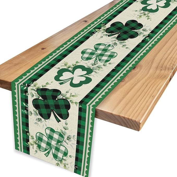 St.Patrick's Day Table Runner,Green Plaid Clover Eucalyptus Leaves Retro Linen Table Center Decor for Home Kitchen Dining Patio Holiday Party Indoor Decorations, 13"x36"