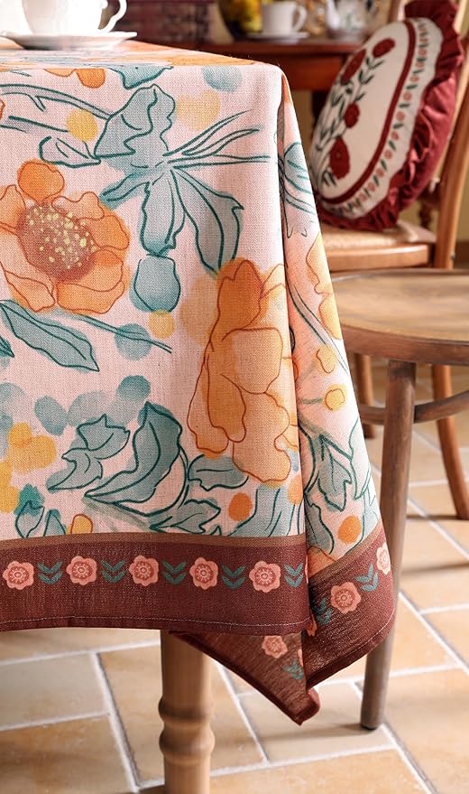 Vintage Linen Extra Long Rectangle Tablecloth,Italian Orange Floral Wrinkle Resistan Table Cloth,Decor Table Cover for Kitchen,Dining,Thanksgiving,Christmas,63"*110"-Positano