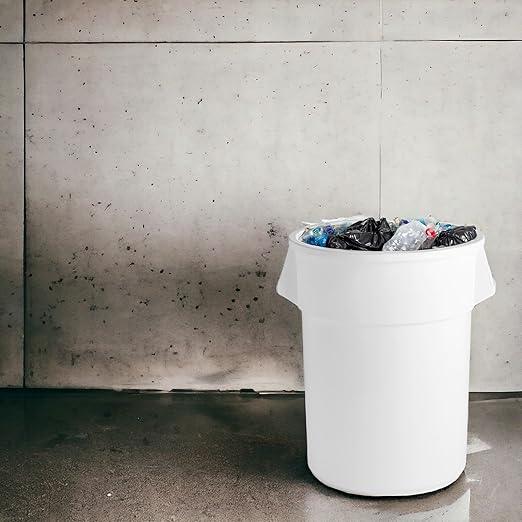 PRO&Family Commercial Round Trash Can with Lid and Dolly Rolling Waste Container, Ingredient Bin, Heavy-Duty Plastic, Anti-Static, Kitchen, Office, Outdoor Use (White, 55 Gallon)