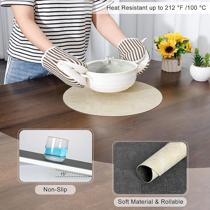 Myir JUN Round Placemats, Dual Sided Faux Leather Place Mats Set of 4 Indoor/Outdoor Non-Slip Washable Table Mats (Gray Cream-White, Set of 4)