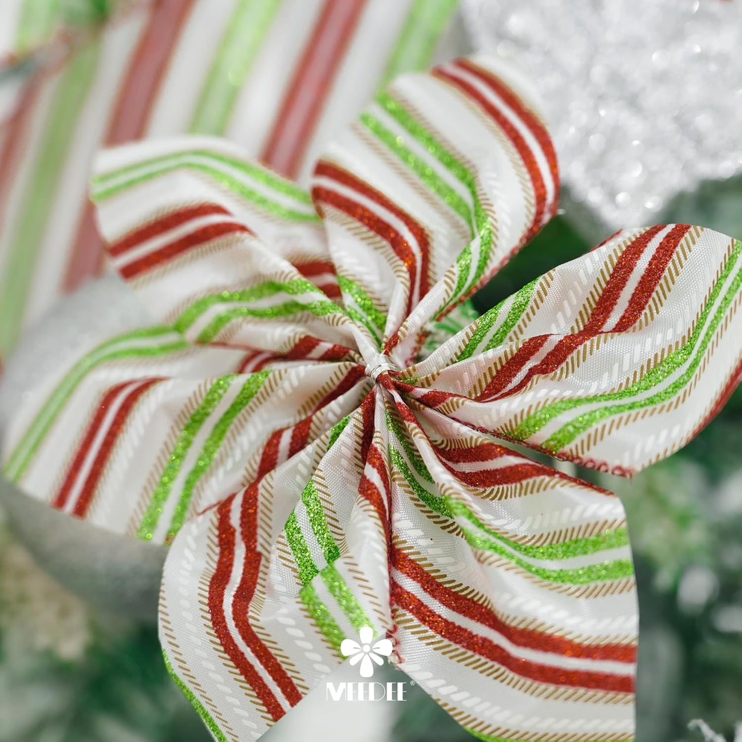 MEEDEE Red and Green Diagonal Striped Ribbon 2.5 Inch White Satin with Lime Green and Red Glitter Wired Ribbon for Christmas Tree, Garlands, Wreaths, Topper Bow (10 Yards)
