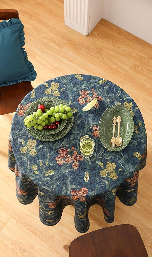 patdrea Designer Vintage Dark Blue Linen Round Tablecloth,French Rustic Floral Pattern Tablecloths,Decorative Table Cover Cloth for Kitchen,Dining,Tea Party,Home,Christmas,Diameter 67"