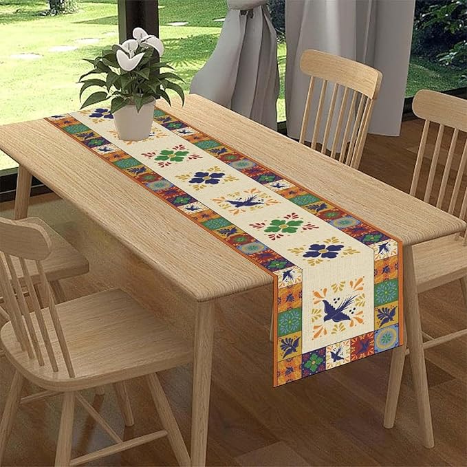 Mexican Table Runner, Orange Floral Birds Mexico Talavera Ceramic Dia De Los Muertos Coffee Table Center Decor for Family Home Kitchen and Dining Farmhouse Indoor Outdoor Table Decorations, 13" X 36"