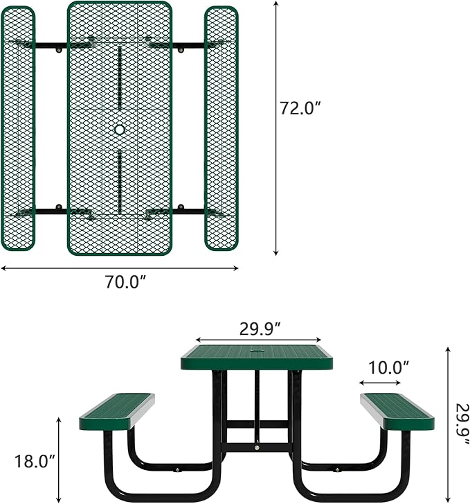 6FT Picnic Tables for Outdoors, Rectangular Commercial Metal Picnic Table Bench Set with Umbrella Hole,Heavy Duty Steel Weather-Resistant Dining Table for Patio Dining Garden Backyard BBQ School