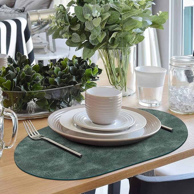 ADRIMER Placemats, Heat Resistant Oval Placemats Set of 6 Washable 12 x 17 Inch, Waterproof Table Mats, Wipeable Pu Place Mats for Kitchen, Dining Room, Blue & Green