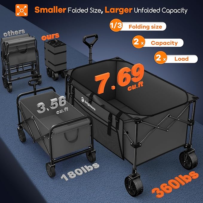 220L Collapsible Wagon Cart Foldable, 38" L Extra Large Heavy Duty Folding Beach Wagons with All-Terrain Wheels, Utility Carts for Camping, Sports, Shopping, Groceries - Grey
