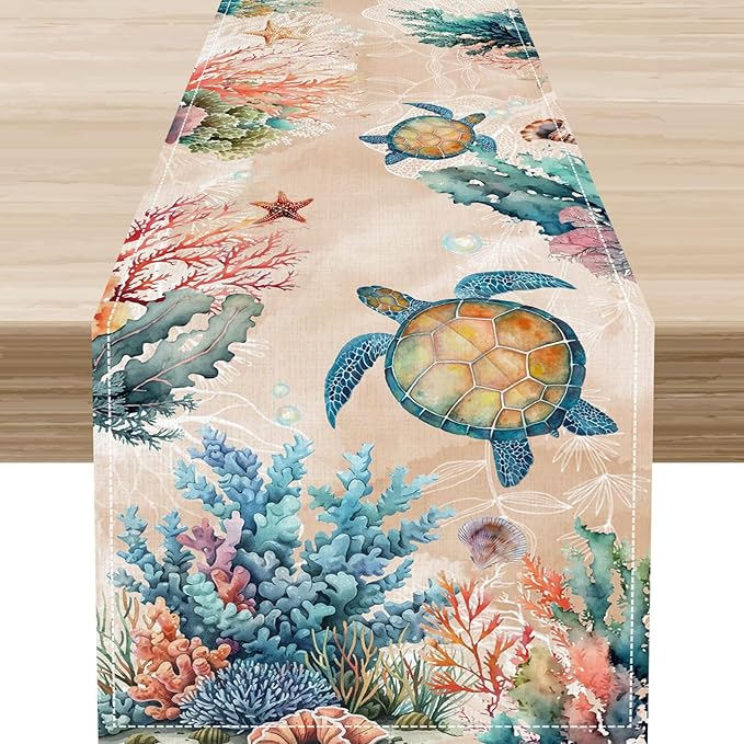 Retro Sea Turtle Table Runner, Nautical Starfish Underwater Coral Seashell Coastal Ocean Seasonal Coffee Table Center Decor for Home Kitchen Dining Patio Holiday Party Table Decorations 13"x90"