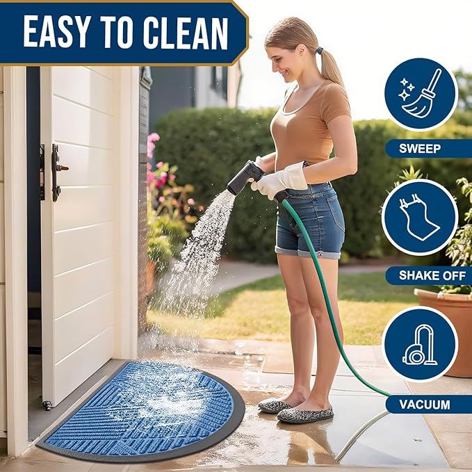 Smiry Half Circle Front Door Mat Outside Entrance, Heavy Duty Sturdy Natural Rubber Doormat, Trap Dirt and Moisture, Low Profile Mats for Indoor Outdoor Entry, Irregular Triangle (36x24, Blue)