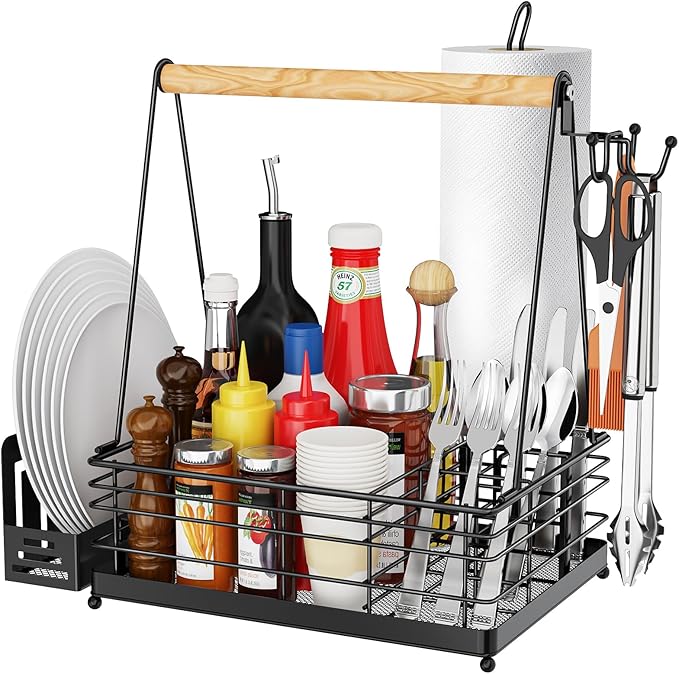 Grill Caddy, BBQ Caddy for Outdoor Grill with Paper Towel Holder, Picnic Condiment Utensil Storage, Camping Essentials, RV, Tailgating Essentials, Grilling Accessories, Gifts for Men