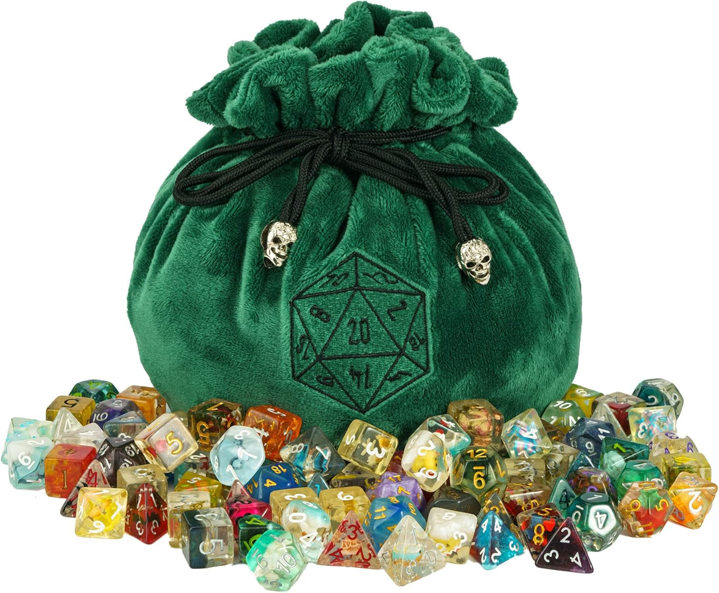 Large Dice Bags D&D with Pockets Green Storage Bag D20 Logo for DND RPG Game Dices (with 1lb Random DND Dice)