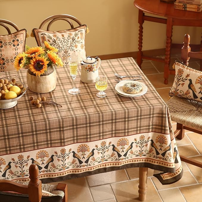 Vintage Brown Checkered Extra Long Rectangle Tablecloth,Italian Floral Linen Wrinkle Free Table Cloth,Decor Table Cover for Kitchen,Dining,Thanksgiving,Christmas,67"*118"-Seville