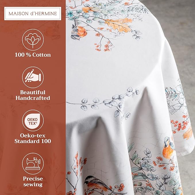 Maison d' Hermine Table Cloth Round Table 100% Cotton 63 Inches Fall Tablecloth Reusable Everyday Use for Thanksgiving Christmas Decorations Dining Farmhouse Party (Whitish Shabby Chique)