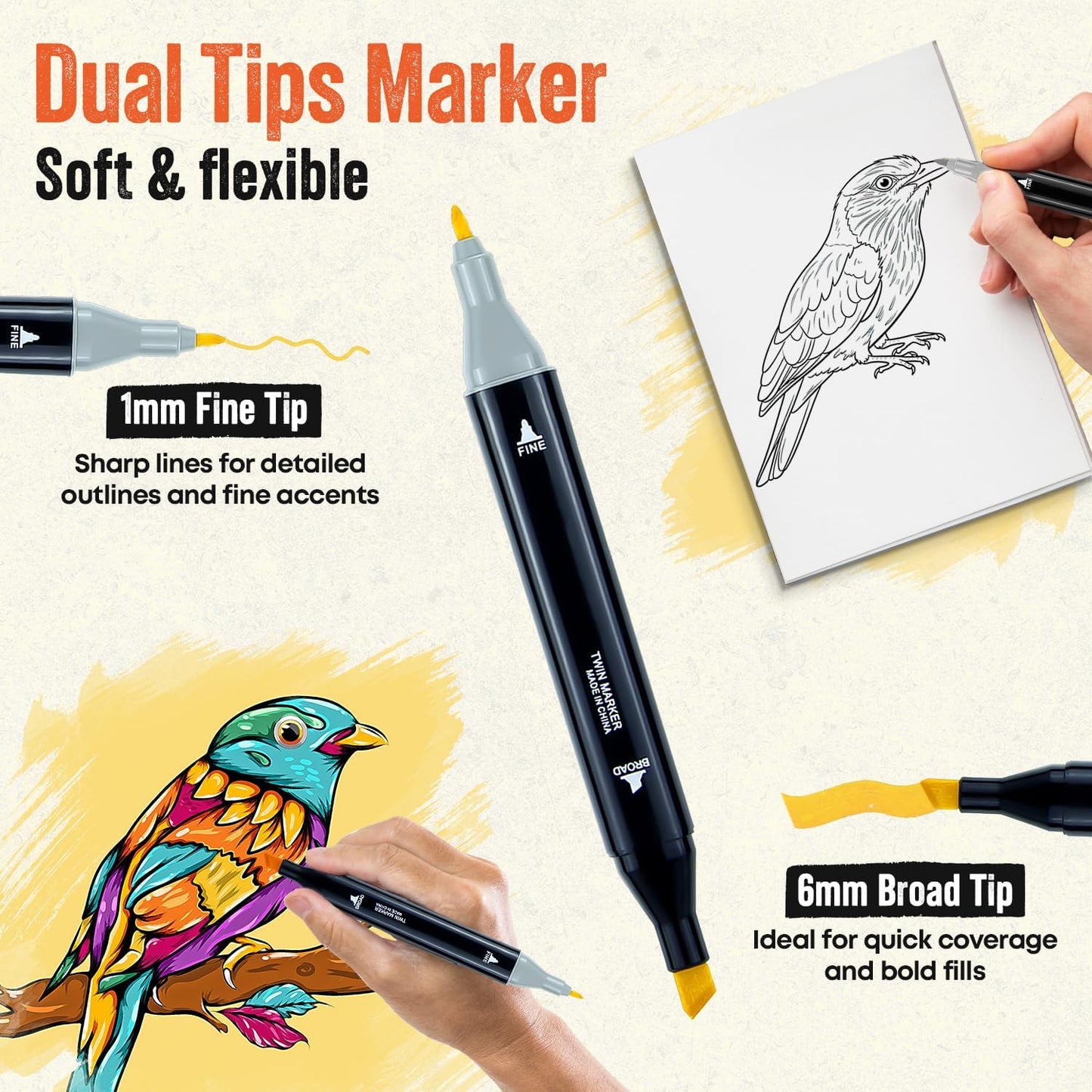 80-Piece Dual Tip Alcohol Markers Set with 12 Free Acrylic Paint Markers - No Bleed, Vibrant Colors for Drawing - Fine & Chisel Tips with Organizing Case - Blending Markers for Adults & Kids