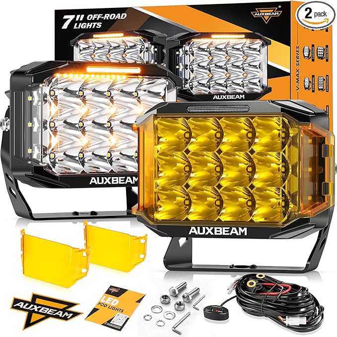 Auxbeam V-MAX Series 204W LED Driving Pod Lights, 7Inch Rectangle Offroad Spotlight with Amber DRL & Backlight, 270° Side Shooter Ditch Auxiliary Spot Flood Combo Beam for Truck Jeep Pickup SUV ATV