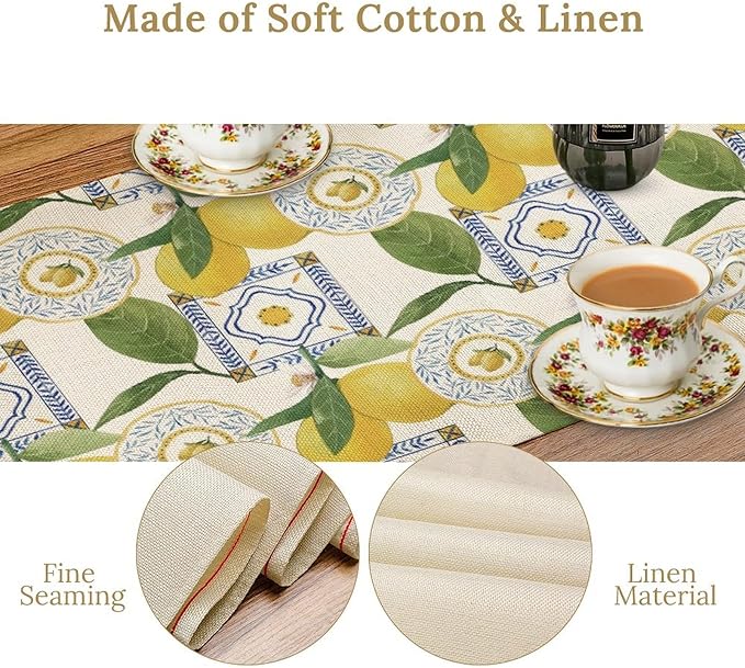 Tiles Lemon Table Runner, Watercolor Italian Tile Floral Plant Print Table Runner for Farmhouse Coffee Home Kitchen Dining Outdoor Party 13x108in