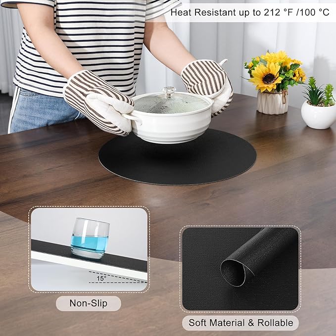 Myir JUN Round Placemats, Dual Sided Faux Leather Place Mats Set of 6 Indoor/Outdoor Non-Slip Washable Table Mats (Black, 6 Pack)