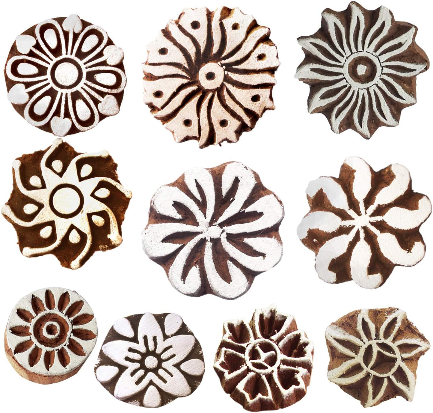 Royal Kraft Round Wooden Printing Stamps (Set of 10) - DIY Henna Fabric Textile Paper Clay Pottery Blocks Htag2163