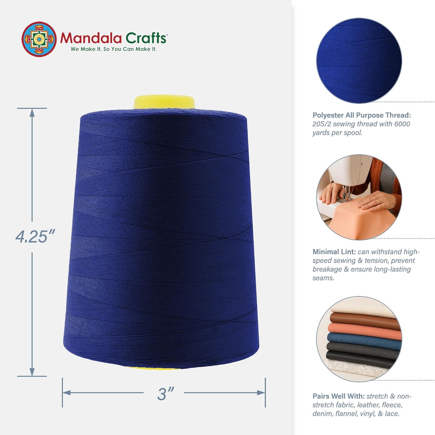 Mandala Crafts 4 Pack of Serger Threads Cones Spools - 20S/2 24000 Yards Polyester Midnight Blue Threads for Sergers Machine and Overlock Quilting Sewing Machine