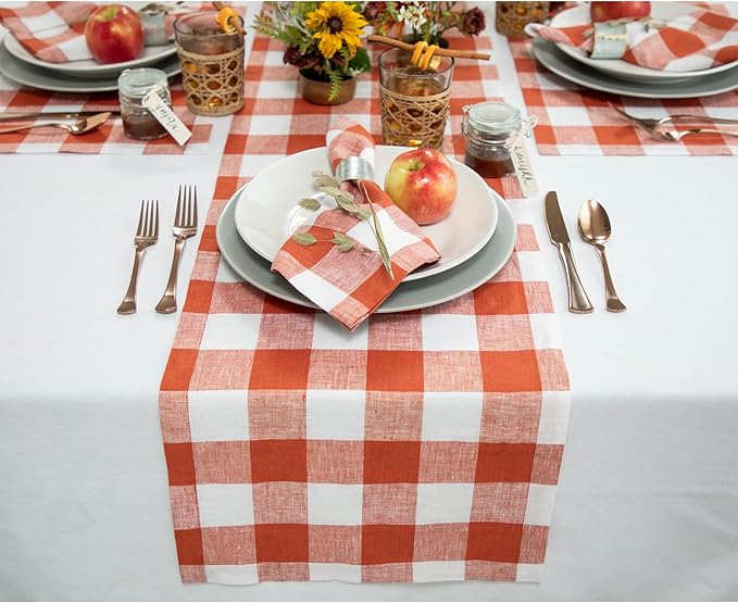 Solino Home Linen Checkered Table Runner 120 Inches Long - 100% Pure Linen Cinnamon and White Buffalo Check Table Runner 14 x 120 Inch Ideal for Dining