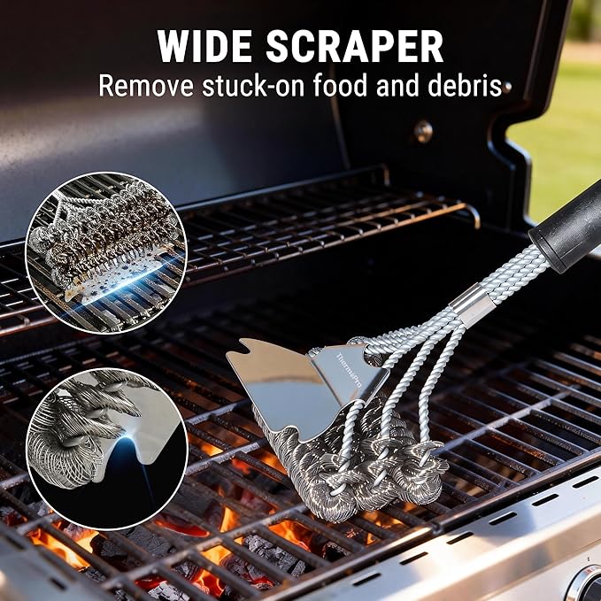 ThermoPro BBQ Grill Brush with Wide Scraper, Bristle-Free Stainless Steel Grilling Cleaner, Safe All-Grate Cleaner Kit, Perfect for BBQ Grill Cleaning Accessory