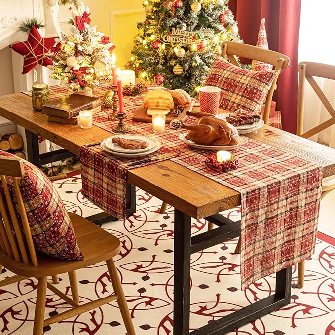 Red Plaid Snowflake Christmas Table Runner, Winter Holiday Table Runners 72 inches Long Xmas Decorations Indoor Outdoor Farmhouse Home Kitchen Dining Party Decor