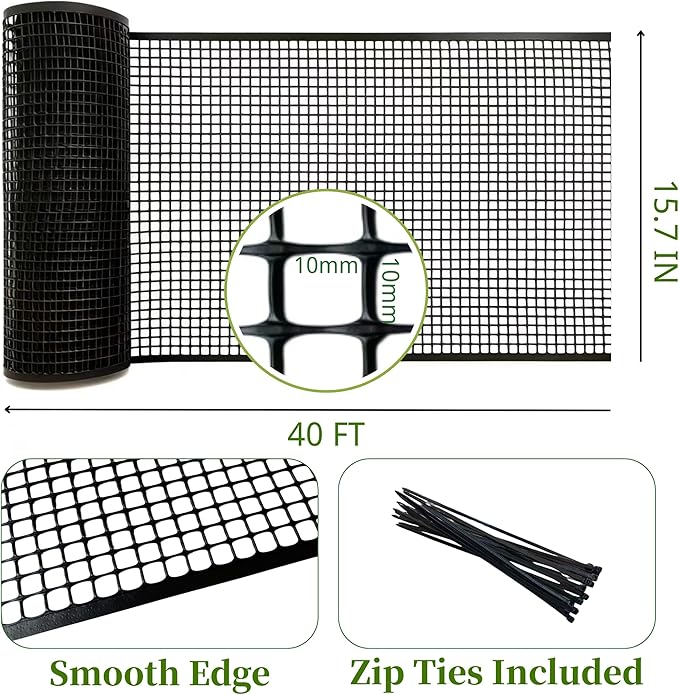 PotatoLife Plastic Wire Mesh Fence, Balcony Fence for Baby and Pets, Safety Fence, Stair Protector, Poultry, Garden, Tree Support, Durable Material, Free Zip Ties (Black, 15.7'' x 40')