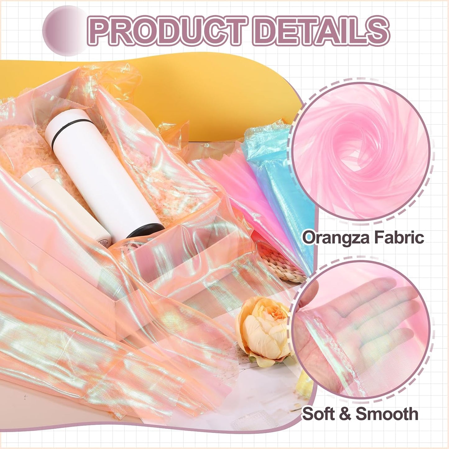 MECCANIXITY Iridescent Sheer Organza Fabric, 2 Yards x 59 Inches Solid Laser Holographic Shiny Fabric Organza Cloth for Wedding, Curtains, Costume, Photo Background, Light Pink